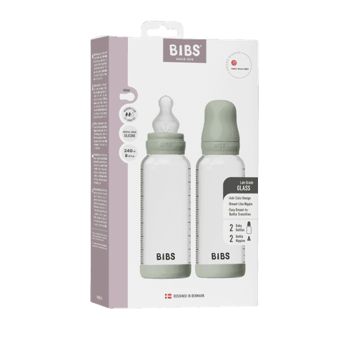 BIBS Glass Baby Bottle Round Silicone Medium Flow Sage 240 ml 2-pack - produktbild 2
