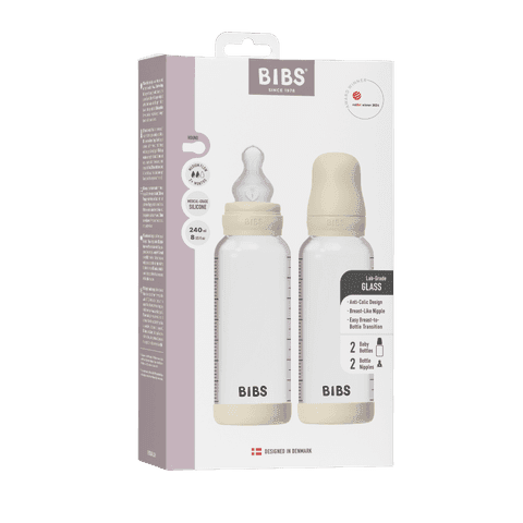 BIBS Glass Baby Bottle Round Silicone Medium Flow Ivory 240 ml 2-pack - produktbild 2