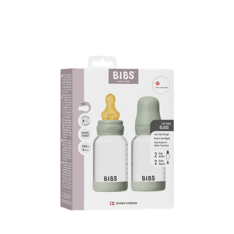 BIBS Glass Baby Bottle Round Latex Slow Flow Sage 120 ml 2-pack - produktbild 2