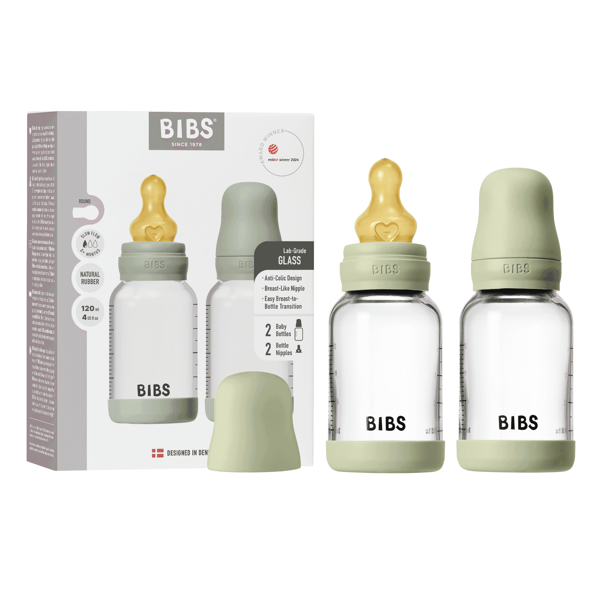 BIBS Glass Baby Bottle Round Latex Slow Flow Sage 120 ml 2-pack - produktbild 3