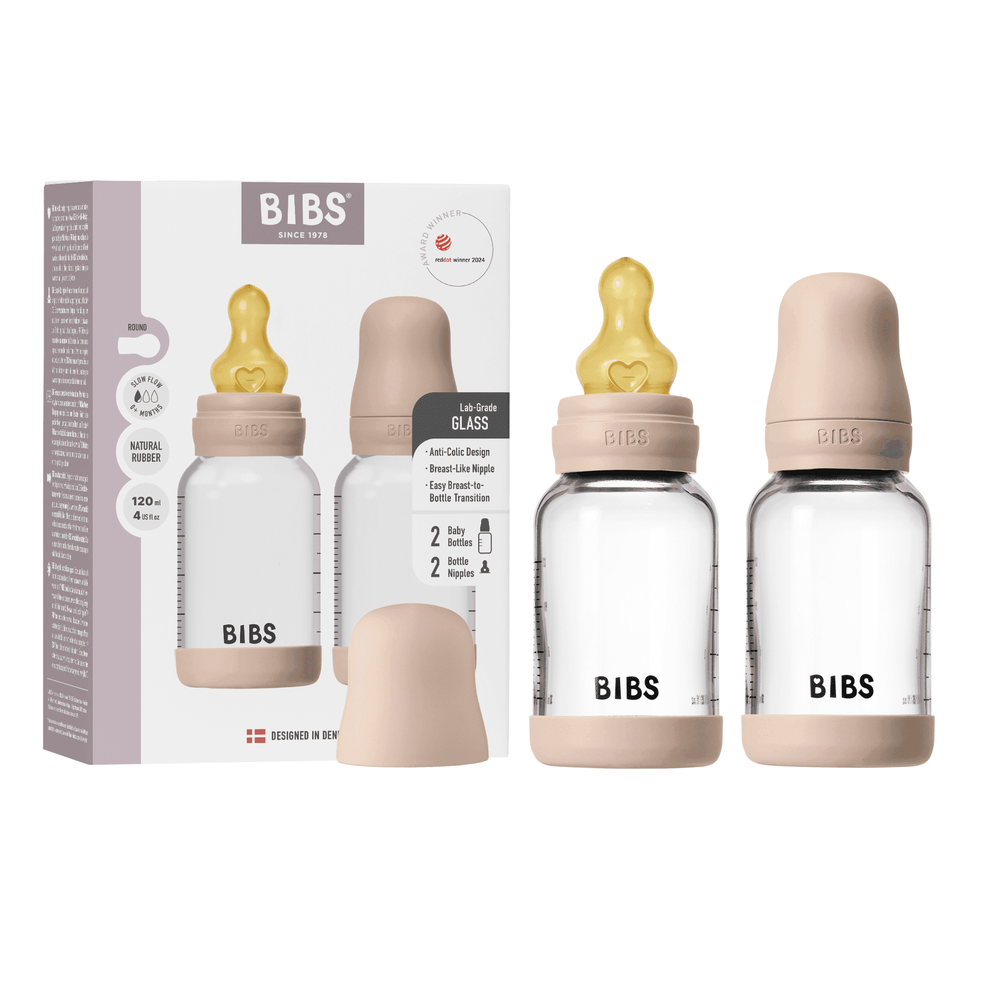 BIBS Glass Baby Bottle Round Latex Slow Flow Blush 120 ml 2-pack - produktbild 3