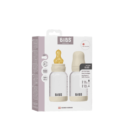 BIBS Glass Baby Bottle Round Latex Slow Flow Ivory 120 ml 2-pack - produktbild 2