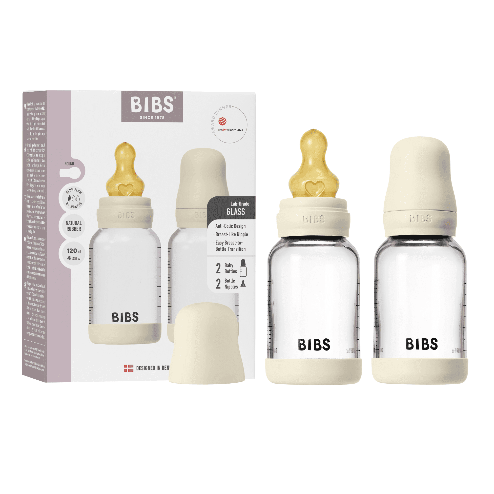 BIBS Glass Baby Bottle Round Latex Slow Flow Ivory 120 ml 2-pack - produktbild 3