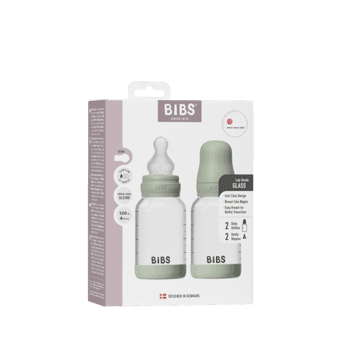 BIBS Glass Baby Bottle Round Silicone Slow Flow Sage 120 ml 2-pack - produktbild 2