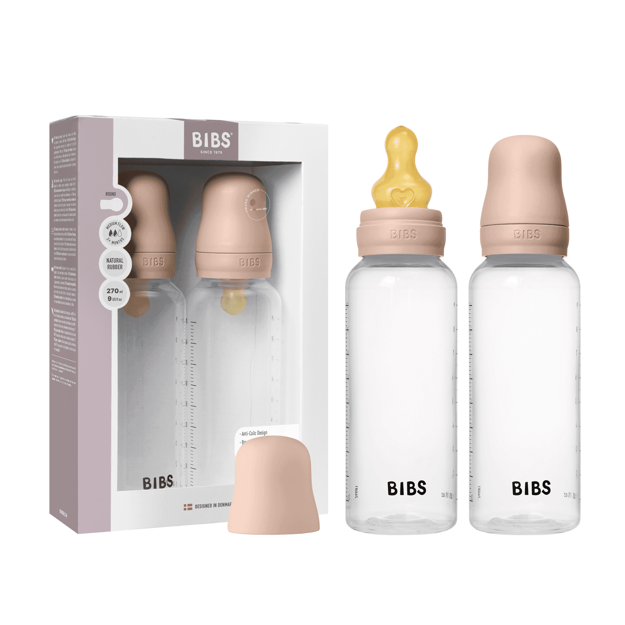 BIBS Baby Bottle Round Latex Medium Flow Blush 270 ml 2-pack - produktbild 3
