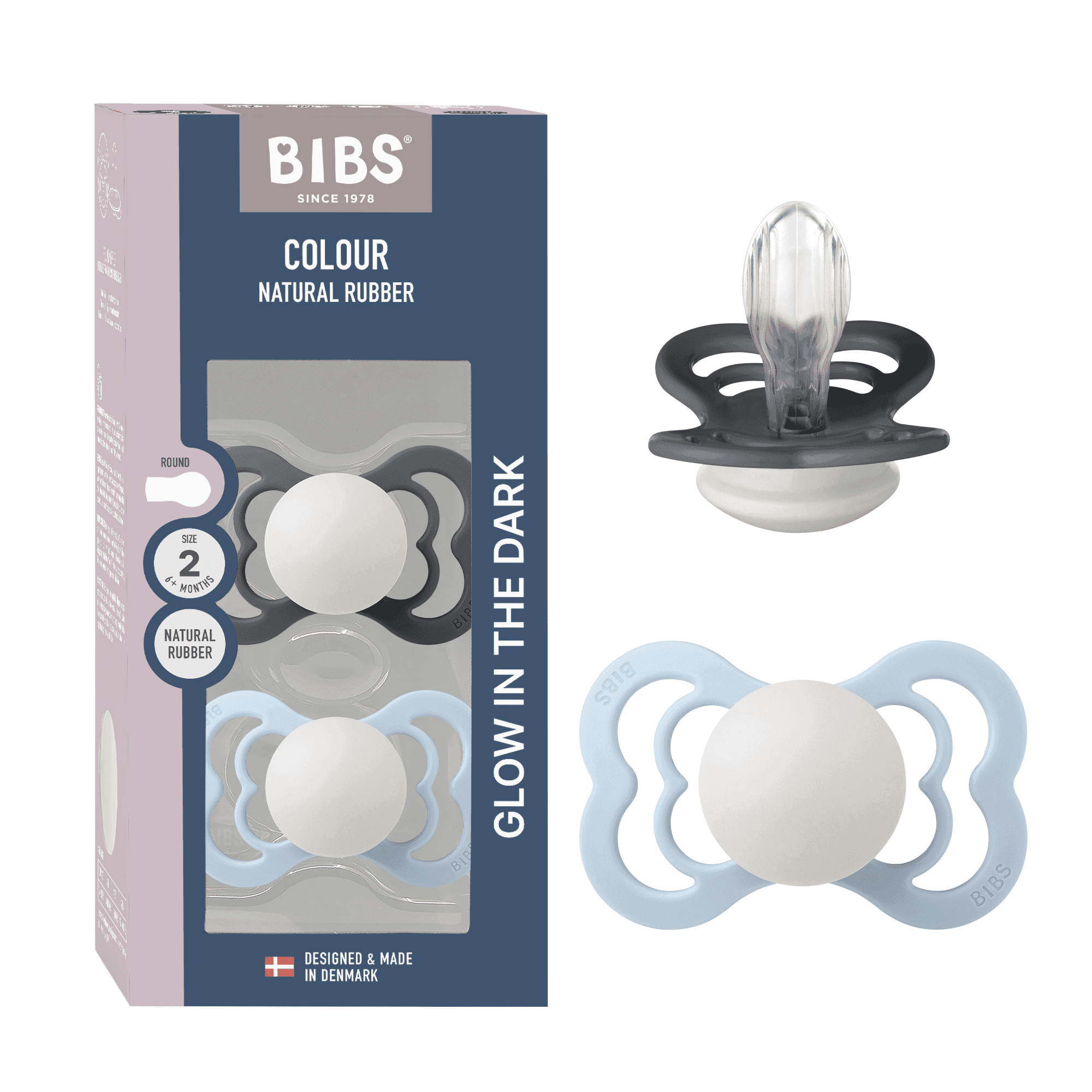 BIBS Supreme Silicone Size 2 Iron Glow/Baby Blue Glow 2-pack - produktbild 4