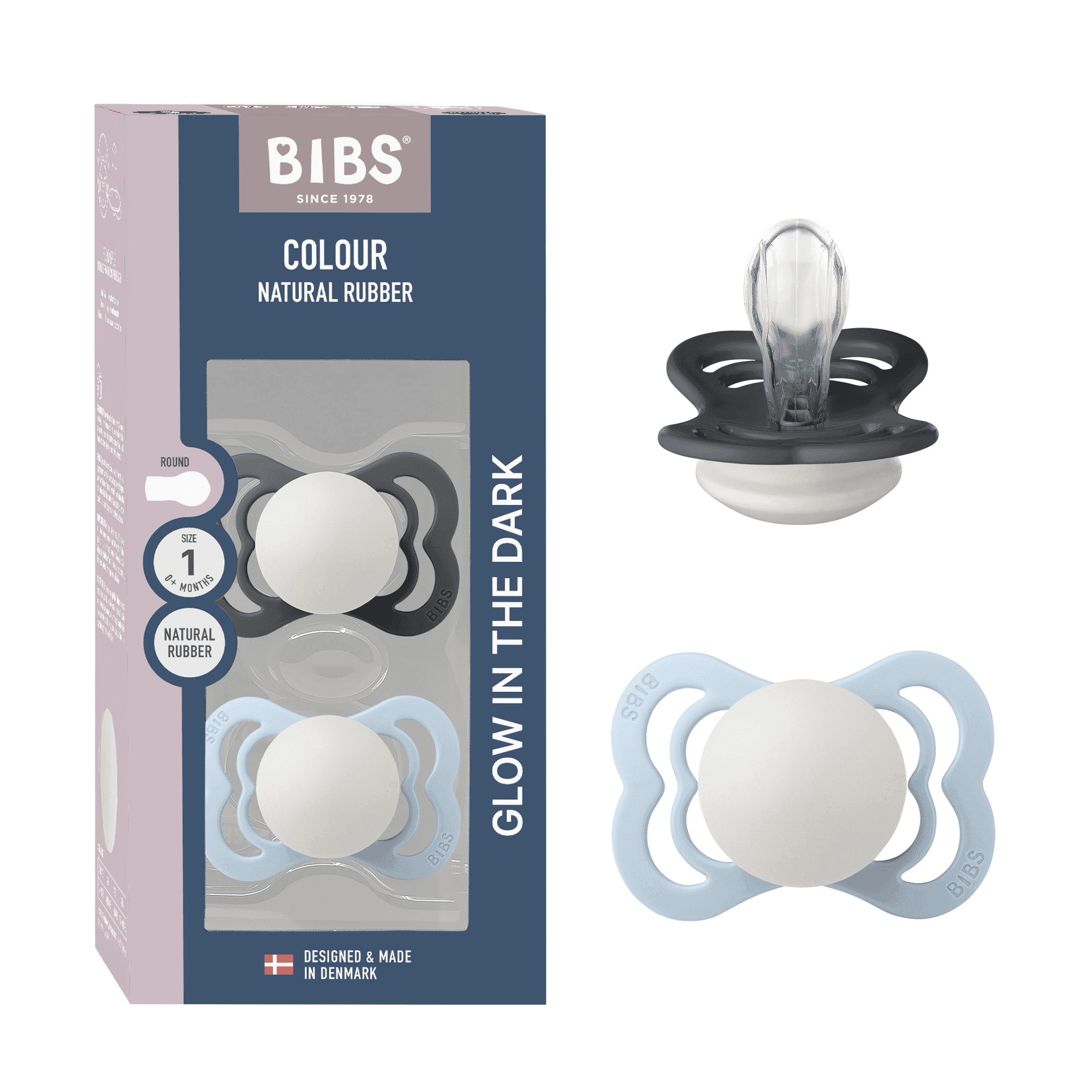 BIBS Supreme Silicone Size 1 Iron Glow/Baby Blue Glow 2-pack - produktbild 4