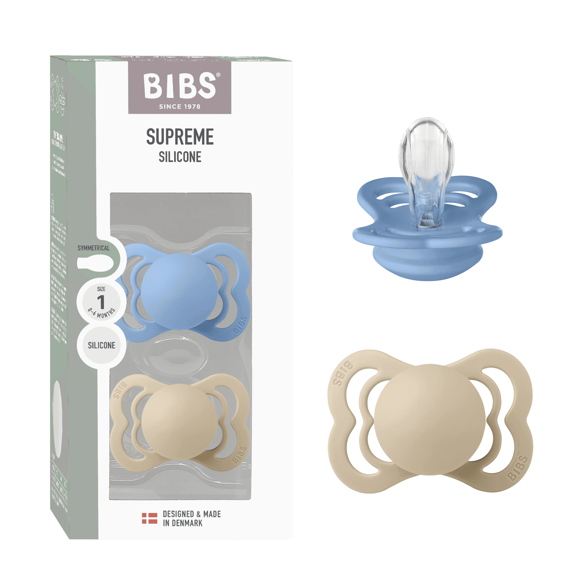 BIBS Supreme Silicone Size 1 Vanilla/Sky Blue 2-pack - produktbild 4