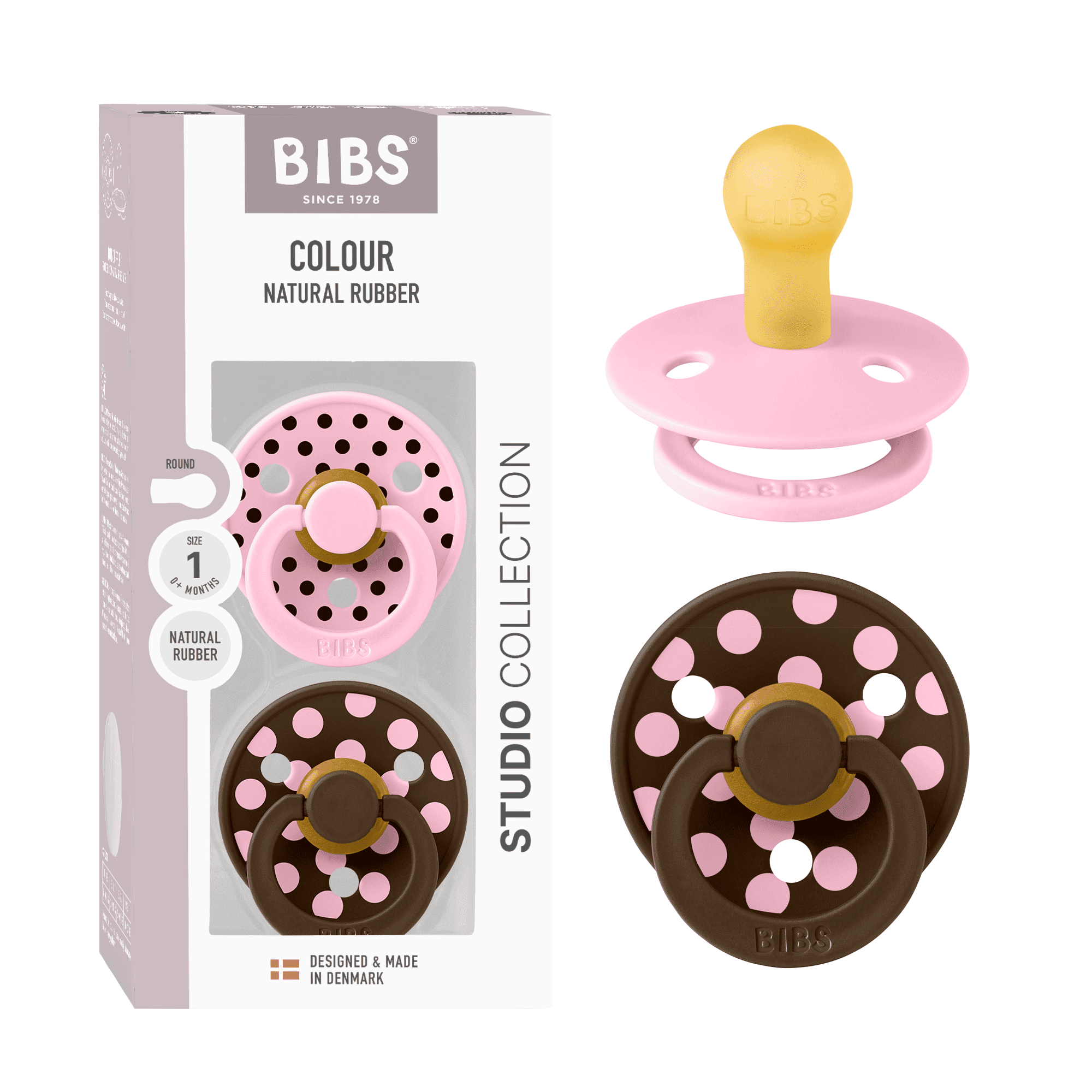 BIBS Studio Colour Polka Latex Size 1 Baby Pink/Mocha 2-pack - produktbild 4