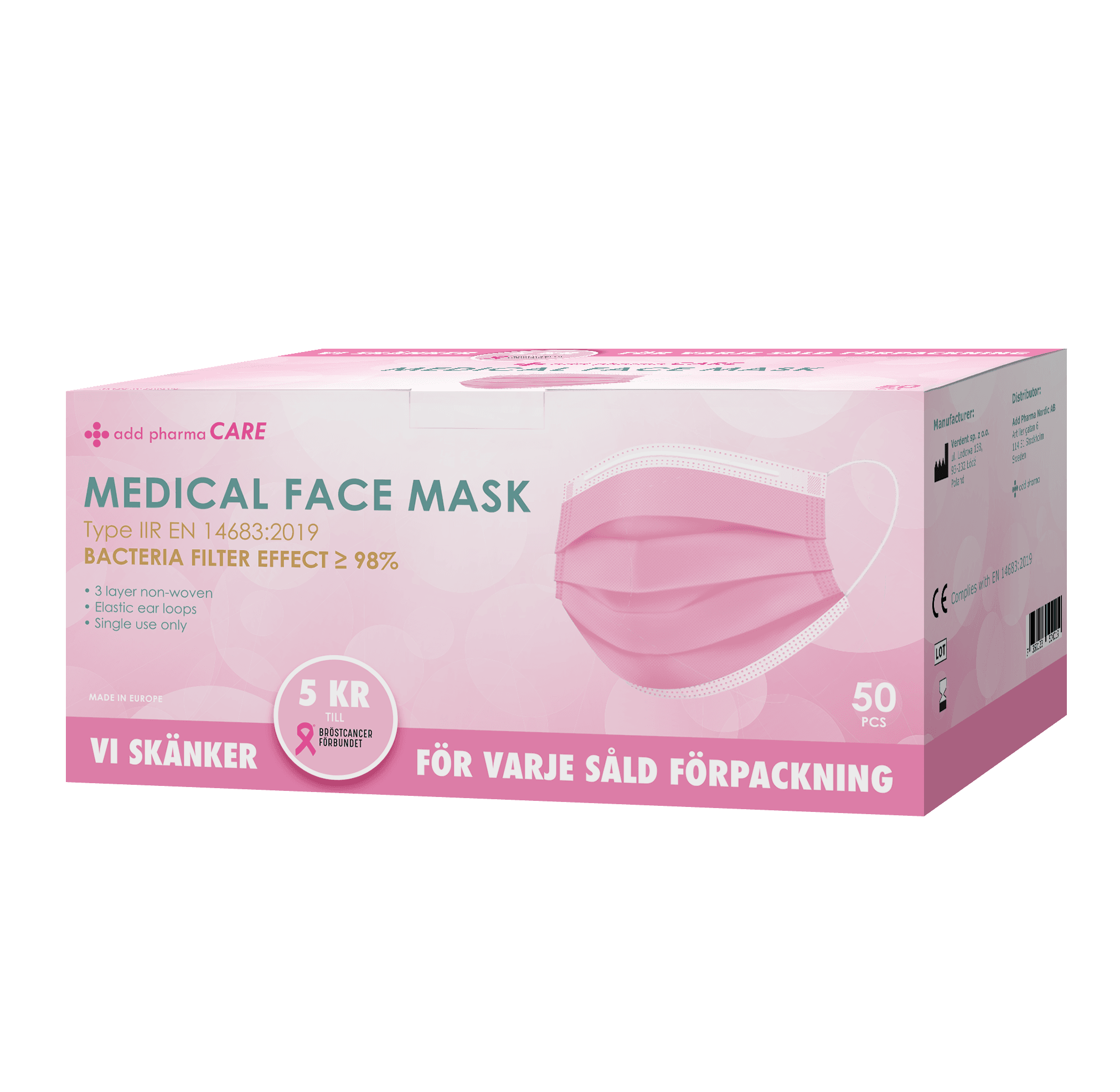 Add Pharma CARE Typ IIR Rosa Munskydd 50-pack