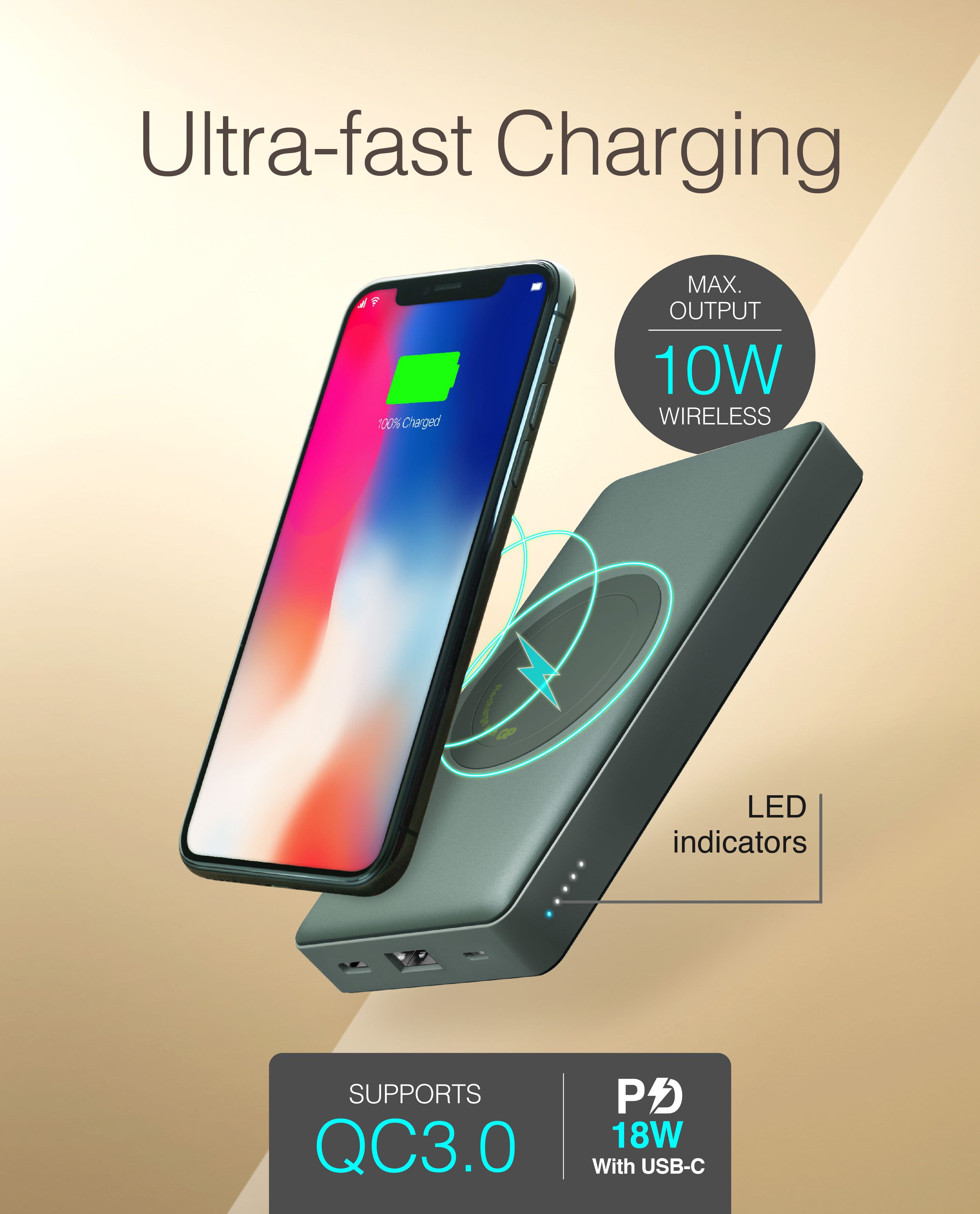 GP batteries PowerBank med trådlös laddning 10000mAh / 10W Qi Grå 3