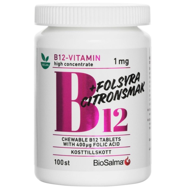BioSalma B12-vitamin 1mg + Folsyra 100 tabletter