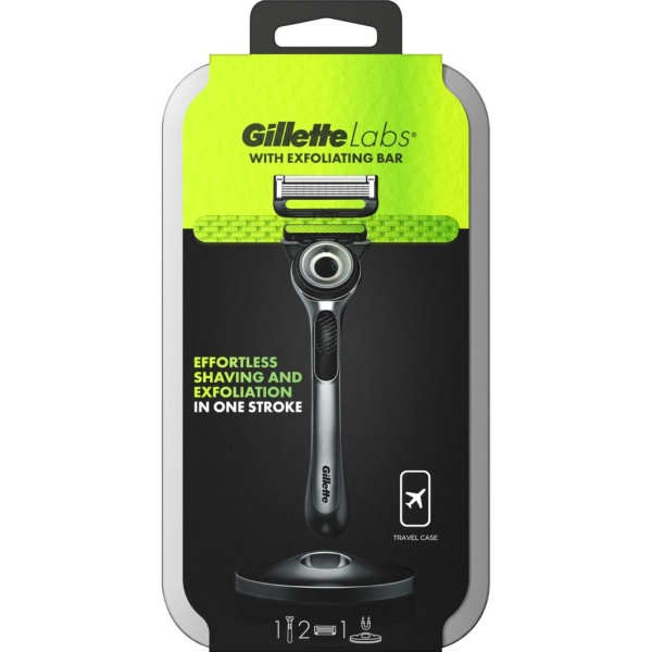 Gillette Labs Rakhyvel med exfolierande platta, magnetiskt ställ & resefodral med 2 st rakblad