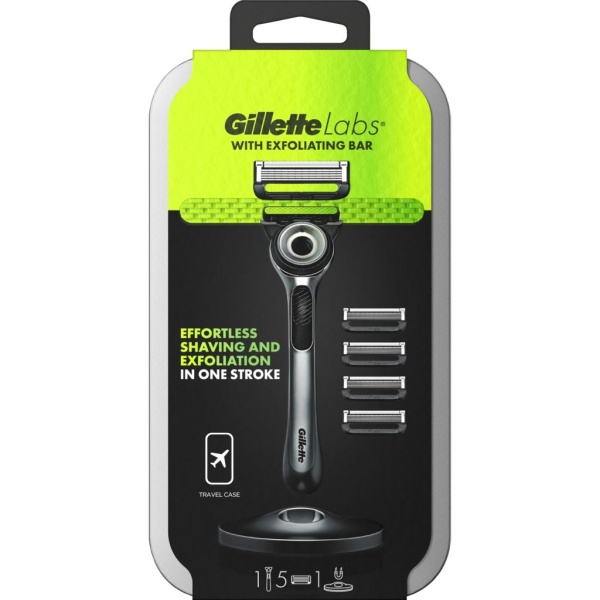Gillette Labs Rakhyvel med exfolierande platta, magnetiskt ställ & resefodral 5 st rakblad