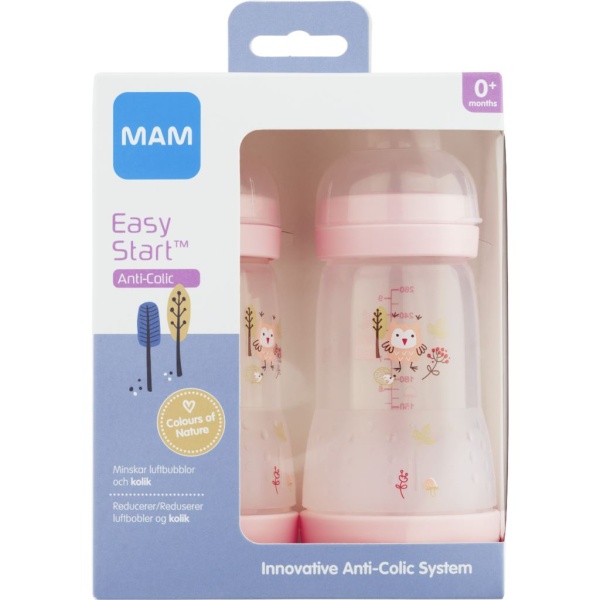 MAM Easy Start Anti-Colic 0+ Månader Nappflaska Pink 2 x 260 ml