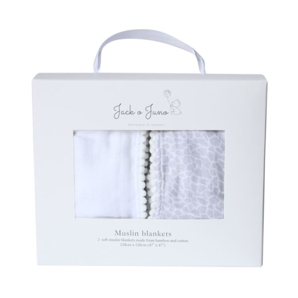Jack o Juno Pom Pom Muslin Blankets Pearl & Giraffe Gray 2-pack